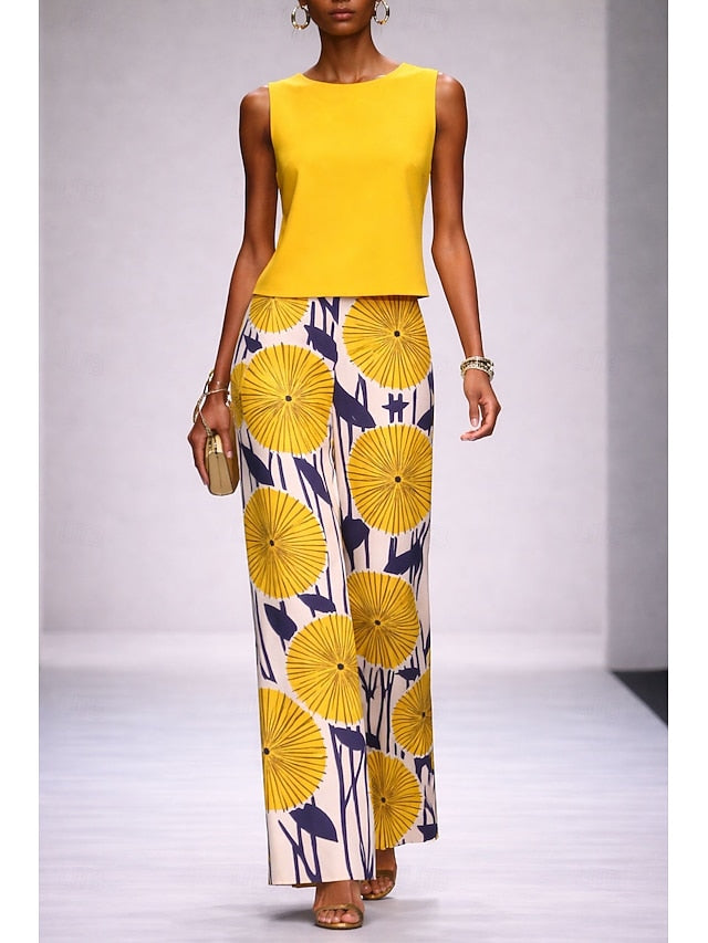 Women's Pants Sets Sleeveless Crew Neck Floral Graphic