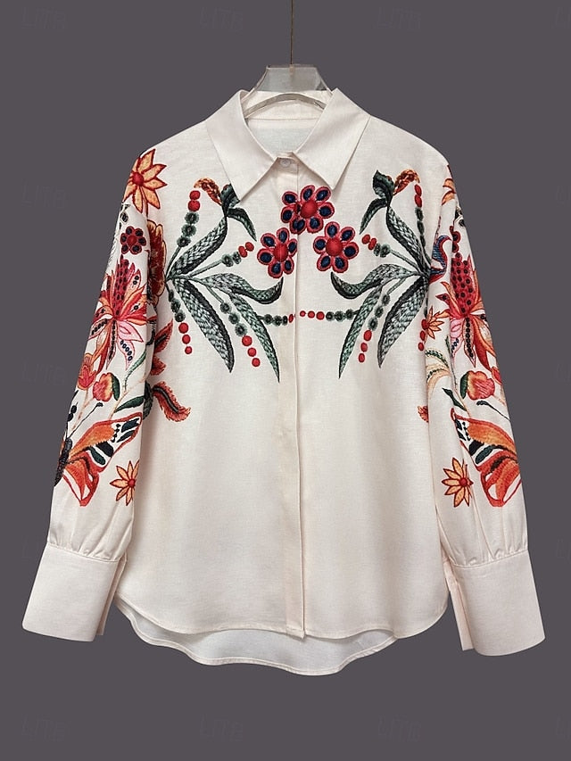 Women's Blouse Buttons Print Floral Stylish Casual Long