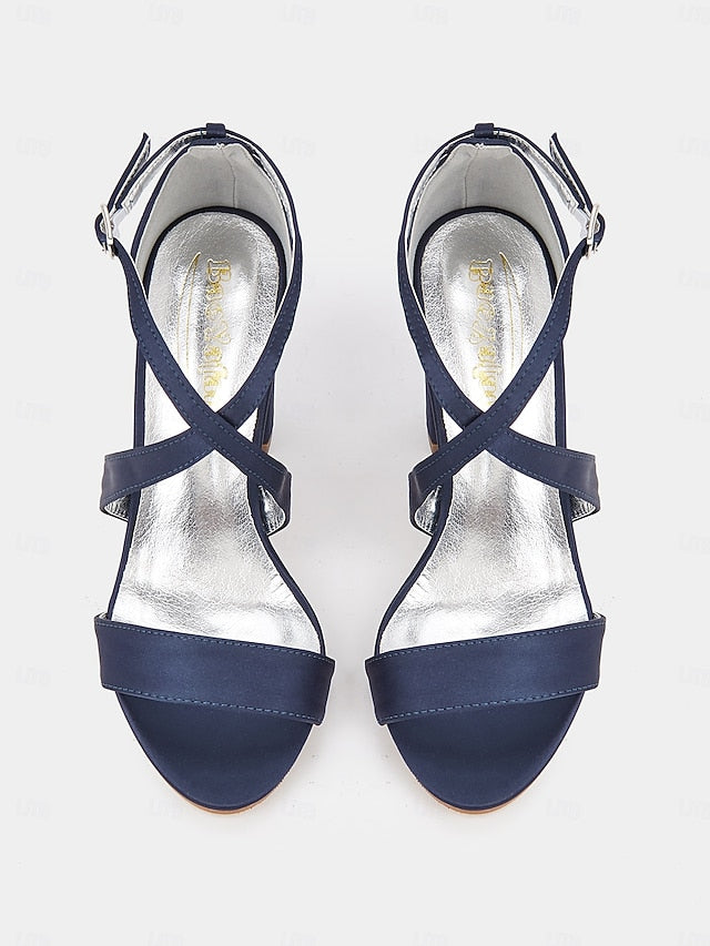 Satin Strappy Heel Elegant Block Sandals – Women's