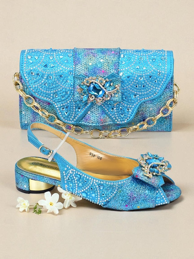 Matching Women's Heels Gold Slingback and Rhinestone Clutch