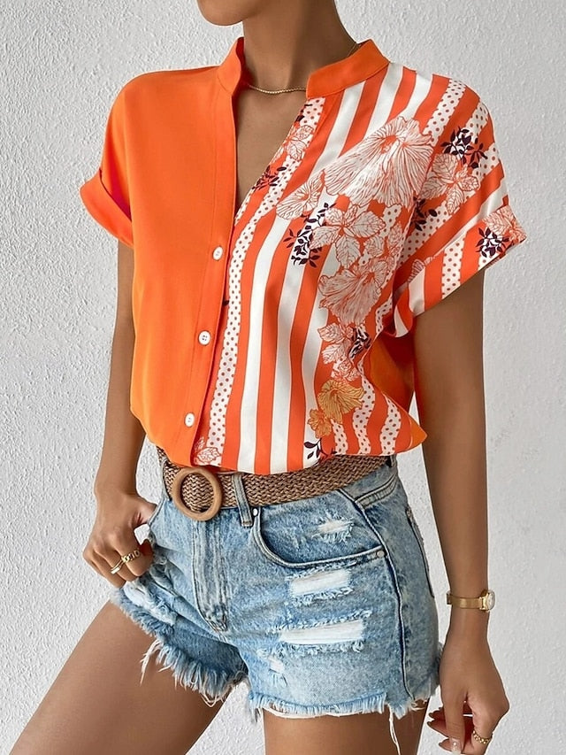 Women's Blouse Buttons Print Floral Striped Vintage Casual