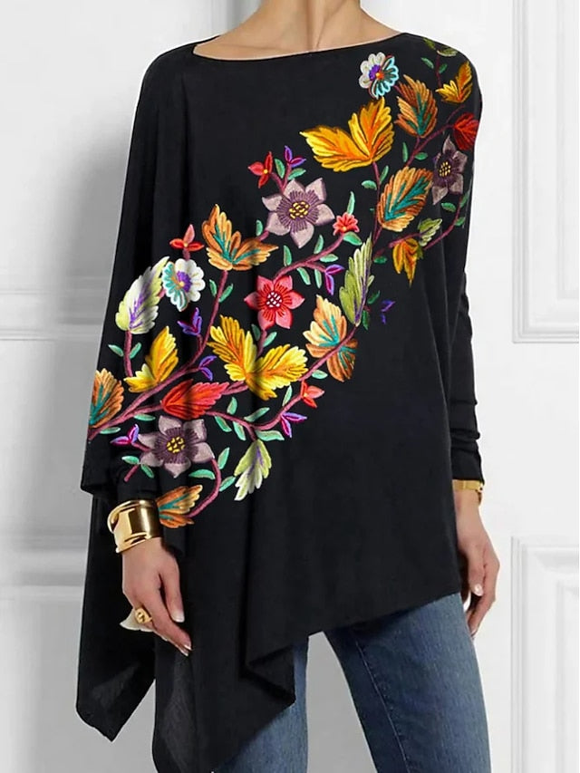 Women's T-Shirt Long Sleeve Tunic Tops Floral Fashion Off