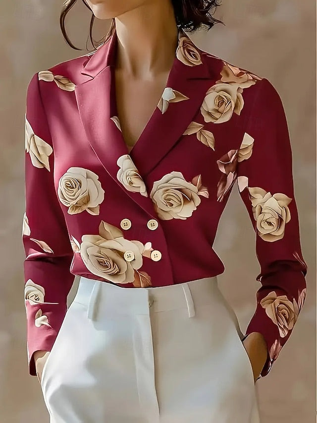 Women's Elegant Dressy Satin Top Blouse Flower Vintage