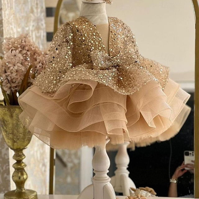 Kids Sleeve Girls' Length 3/4 Color Party Solid Dress