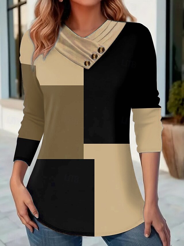 Women's T Shirt Buttons Print Graphic Geometric Color Block