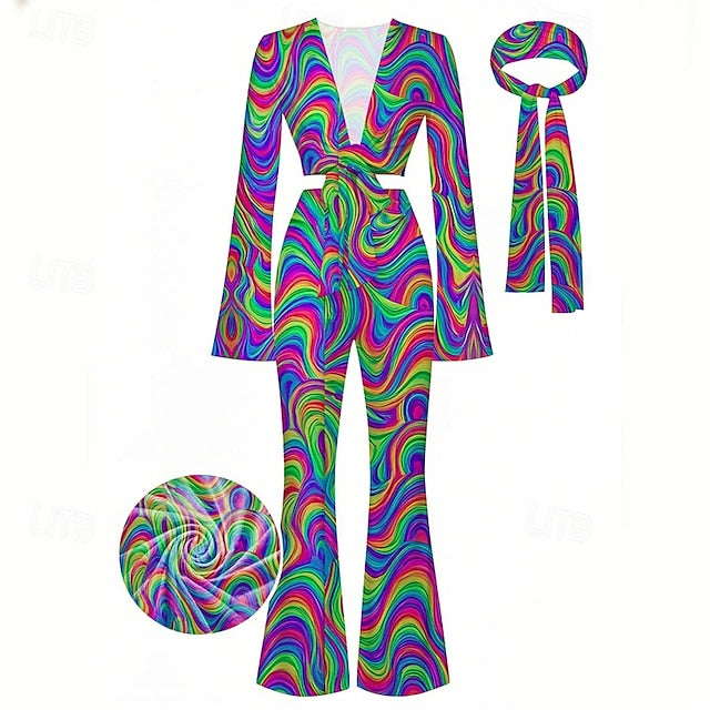Retro Vintage 1970s Groovy Tie Front Flared Pants Set Hippie