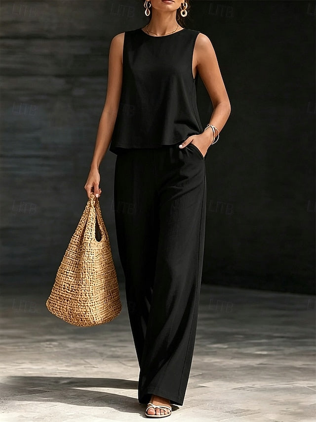 Women's Cotton Linen Sets Two Piece Sets Blouse Sleeveless