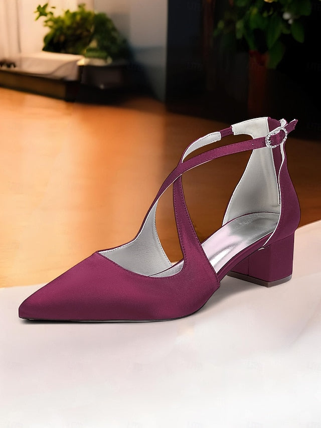 Heels Block Ivory Women's Pointed Elegant - Satin Toe