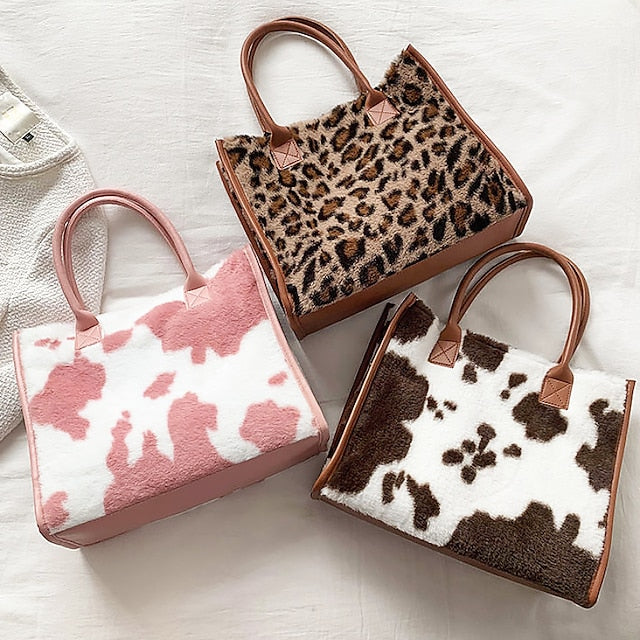 Brown Bag Leather Fur with Women's Print Faux Tote Leopard