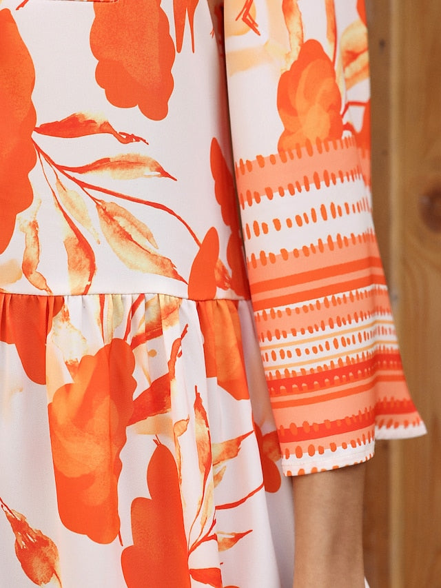 Women's Maxi Dress Orange Satin Loose Fit 3/4 Sleeve V Neck