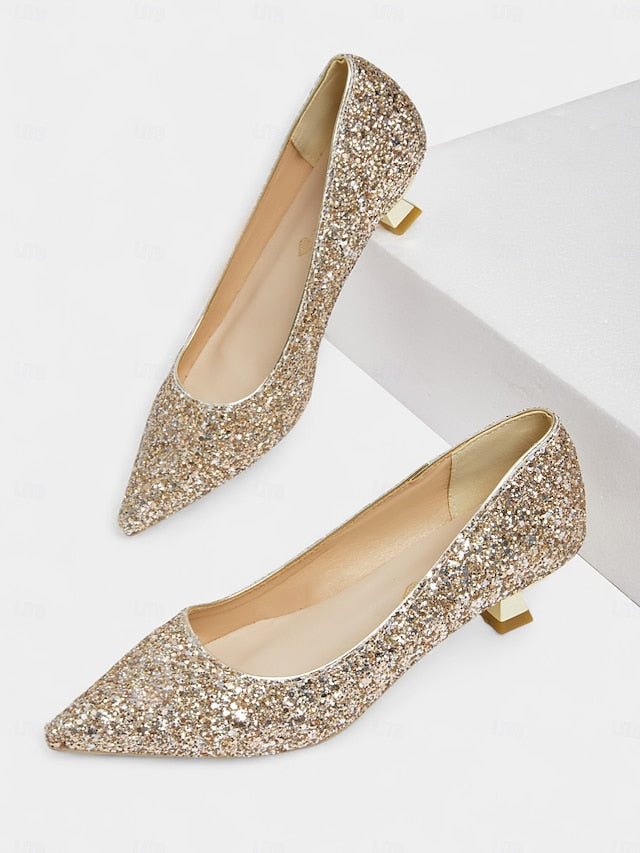 Glitter Toe Women's Low - Heel Sparkly Pointed Pumps