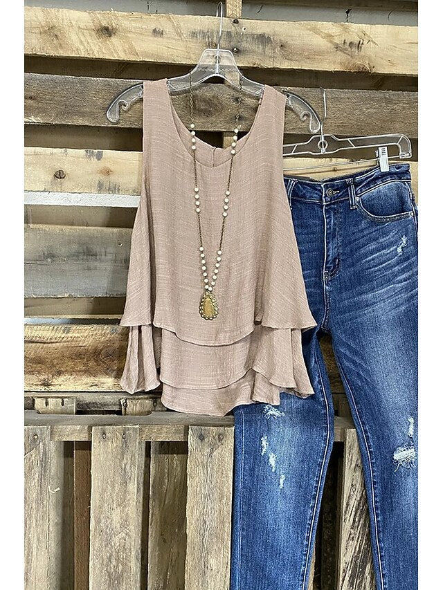 Women's Cotton Linen Shirts Tank Top Layered Plain Basic