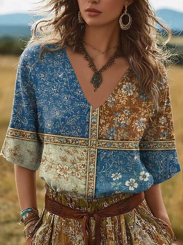 Women's Linen Like Faux Cotton Linen Boho T Shirt Floral