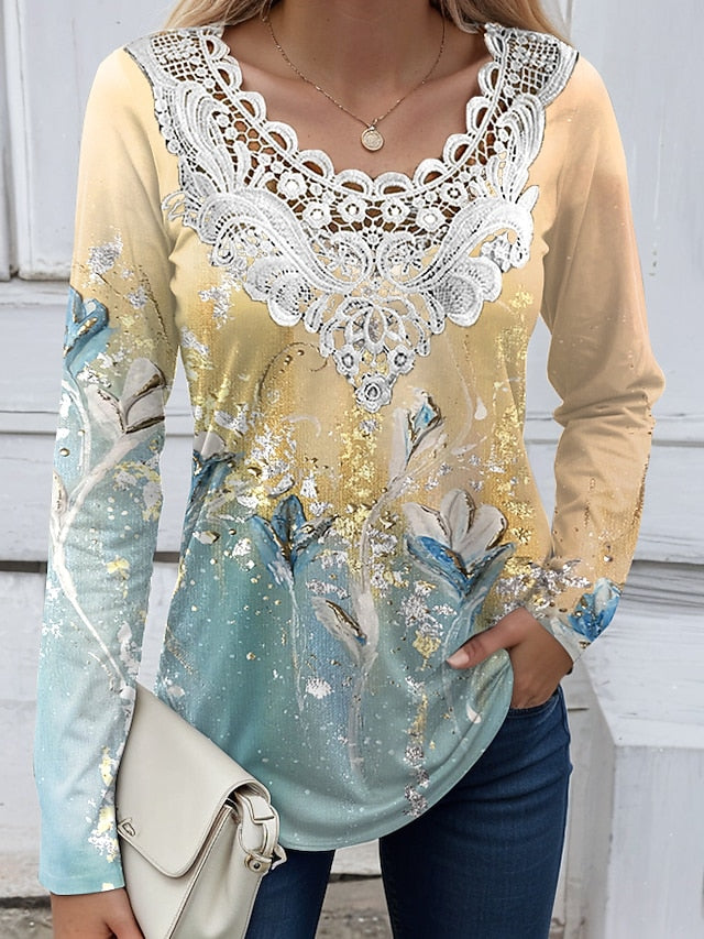 Women's Blouse Tunic Lace Splicing V Neck Long Sleeve