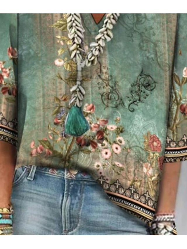 Women's Shirt Button Down Blouse Floral Daily Basic 3/4