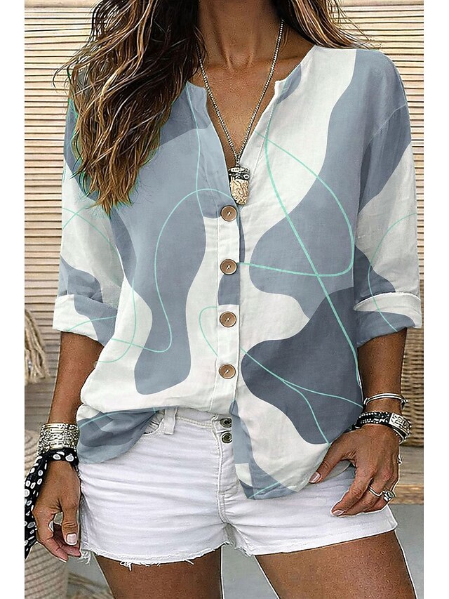 Women's Shirt Tunic Summer Tops Buttons Graphic Geometric