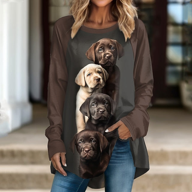 Women's T Shirt Print Dog Fashion Long Sleeve Round Neck