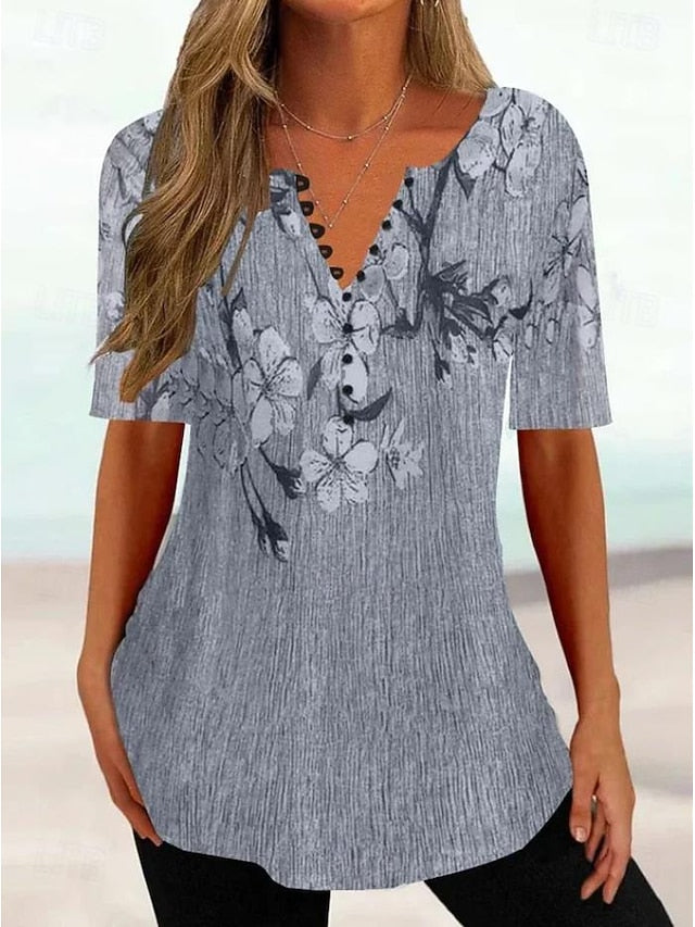 Women's T Shirt Henley Shirt Buttons Print Floral Tunic