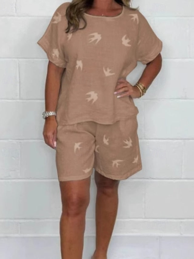 Women's Cotton Linen Sets Shorts Sets Short Sleeve Crew