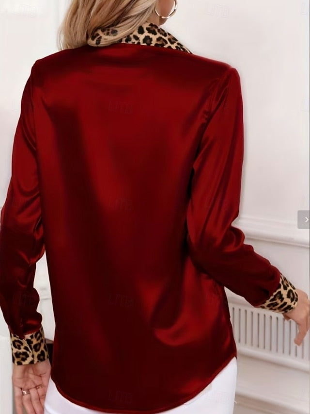 Women's Satin Shirt Dress Shirt Blouse Patchwork Buttons