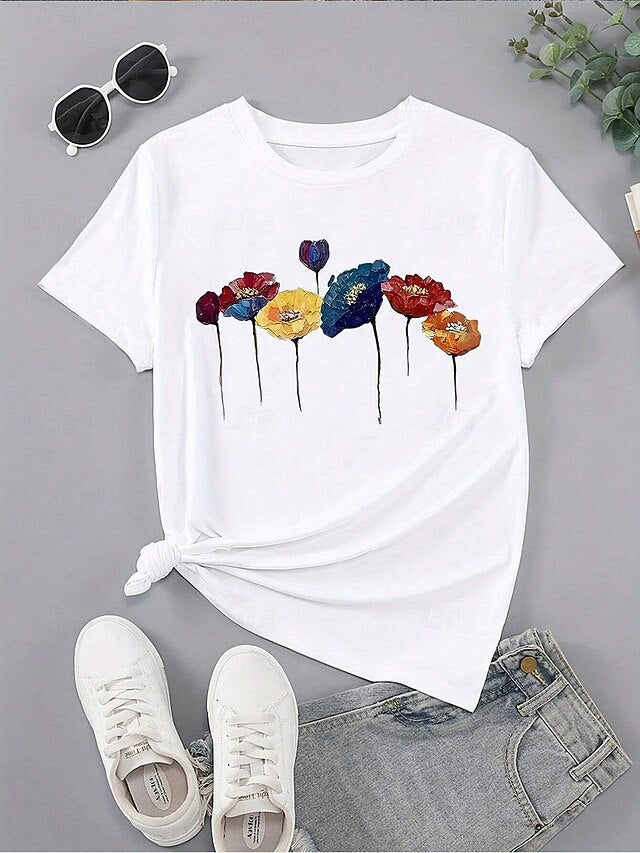 Women's T Shirt Floral Poppy Casual Short Sleeve Crew Neck