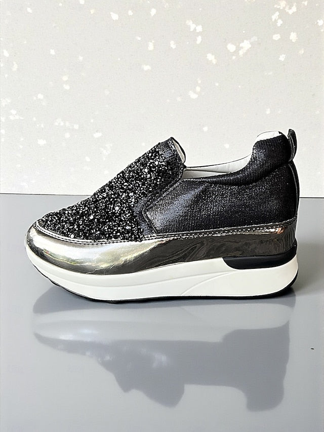Women's Black Metallic Sneakers with Glitter Slip-On