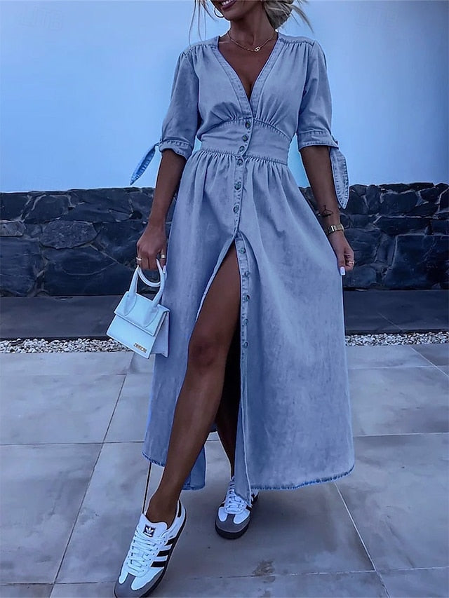 Women's Denim Dress Shirt Dress Maxi long Dress Office