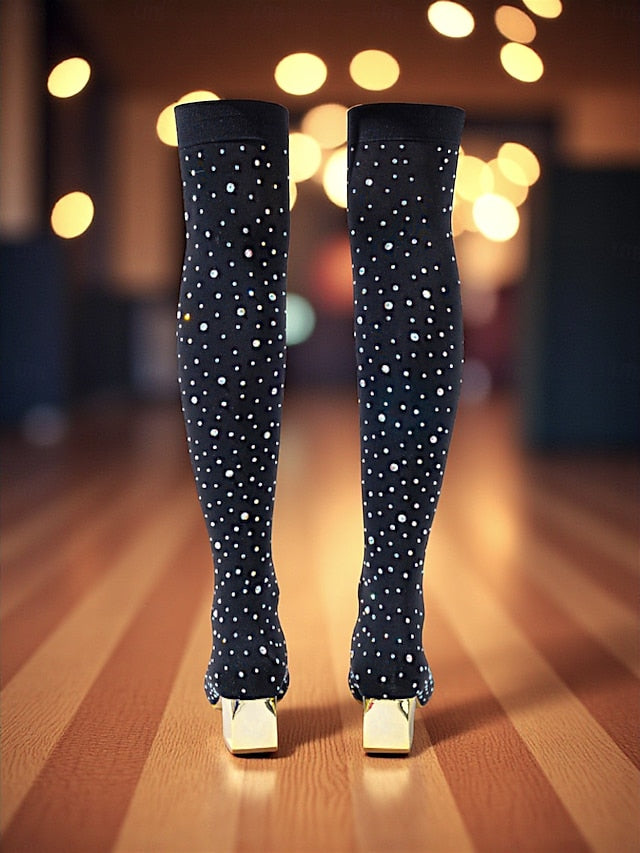 Black Pointed Women's Over-the-Knee with Boots Rhinestone