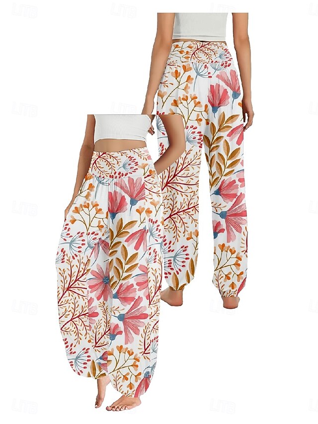 Women's Faux Cotton Linen Wide Leg Pants Trousers Ethnic