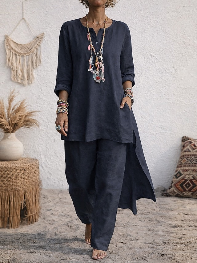 Women's Boho Shirt Sets Linen Like Two Piece Sets Faux