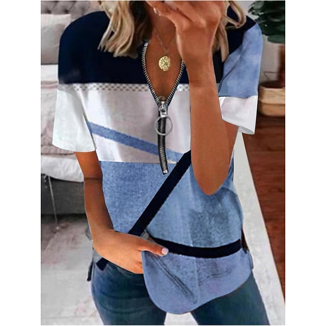 Women's T Shirt Tee Top Zipper Print Geometric Fashion