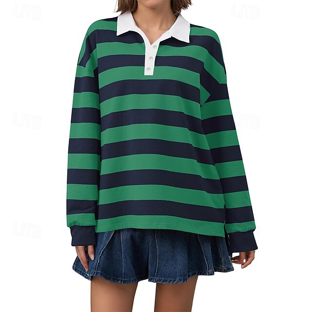 Women's T Shirt Tee Top Buttons Striped Fashion Stylish
