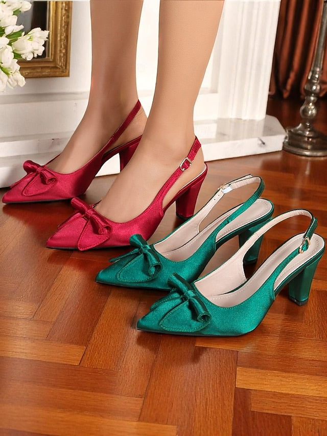 Vintage Green with Heels Satin 1950s Women's Slingback Bow
