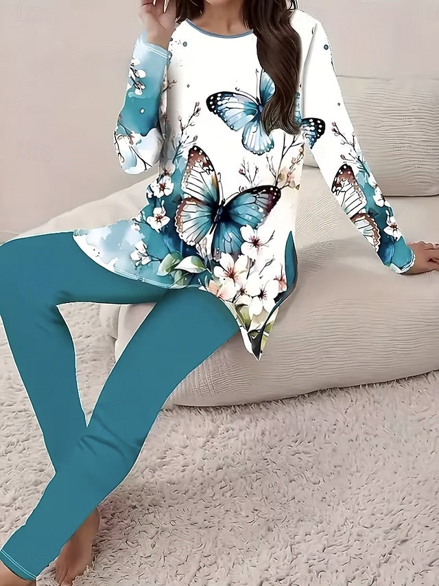 Women's T Shirt Pants Sets Long Sleeve Round Neck Ombre