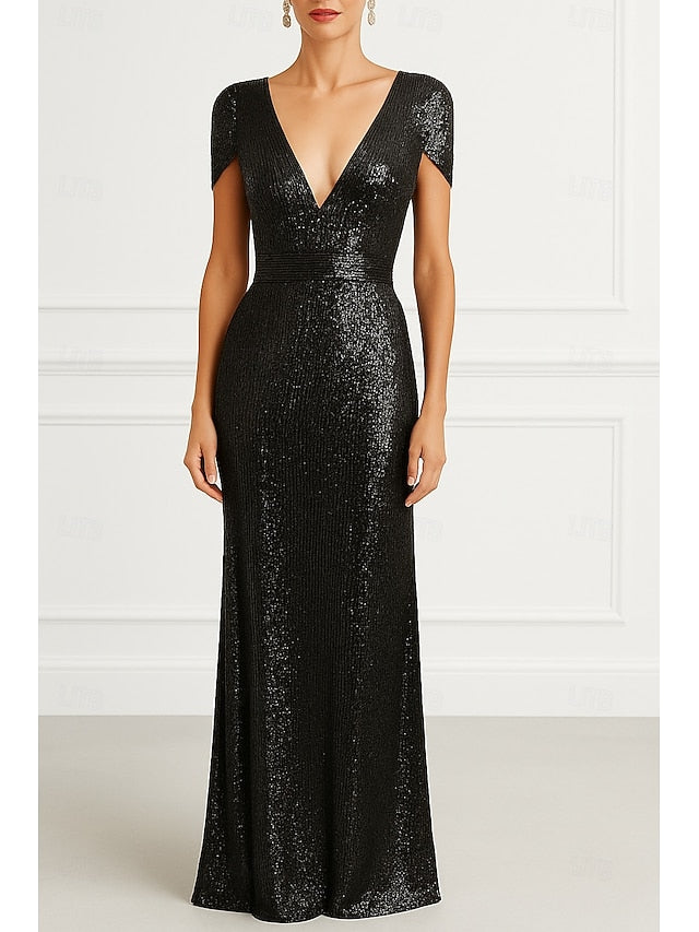 Column Elegant Black Wedding Formal Gold Evening Dress Gown