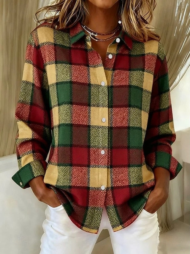 Women's Shirt Blouse Patchwork Buttons Print Plaid Casual