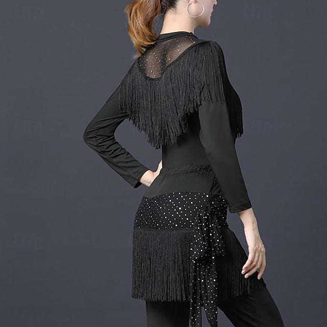 Latin Dance Ballroom Dance Top Tassel Pure Color Splicing