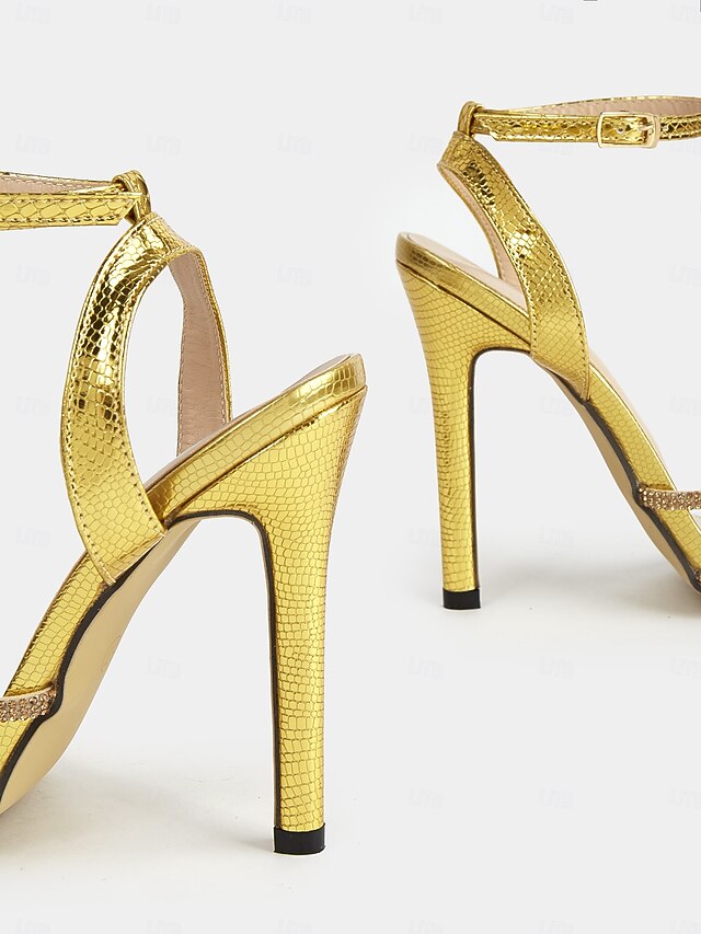 Gold Stiletto Sandals for Women Rhinestone-Embellished Open-Toe
