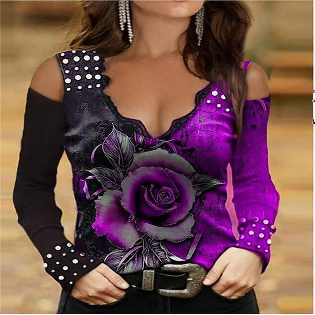 Women's T Shirt Hollow Out Hole Rose Sexy Casual Long