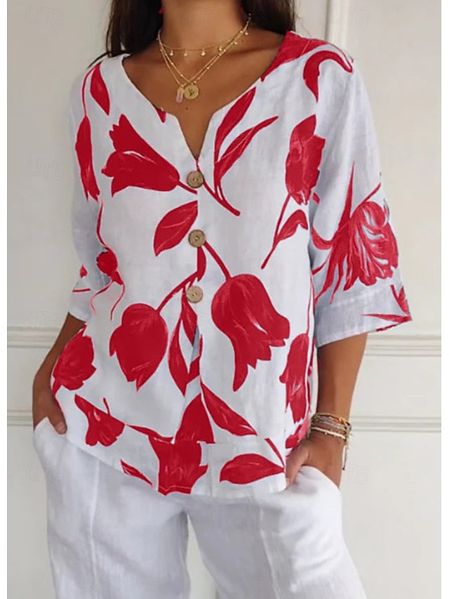 Women's Shirt Button Up Blouse Faux Cotton Linen Graphic