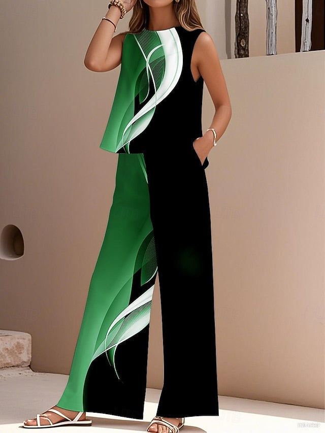 Women's Pants Sets Faux Cotton Linen Sleeveless Crew Neck