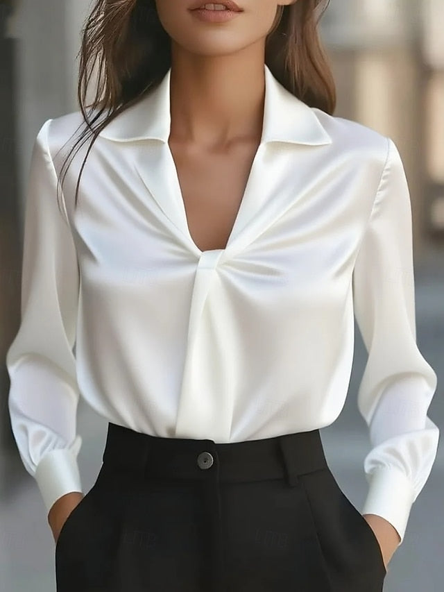 Women's Elegant Satin Top Blouse Silky Tops Ruched Plain