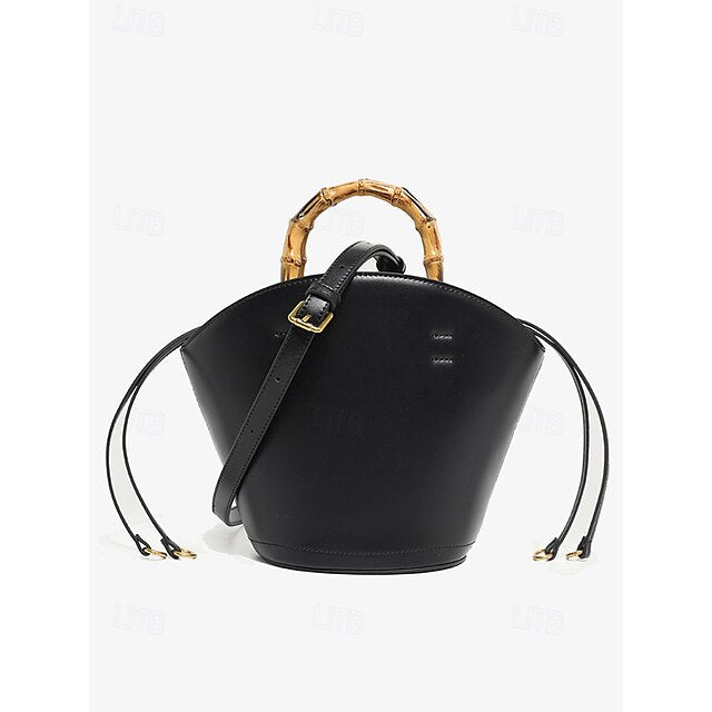 with Brown Leather Handle Bamboo Women's Bucket Bag
