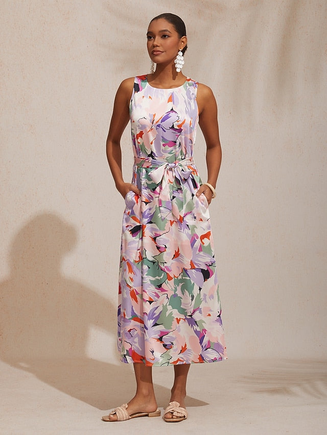 Vacation Abstract Floral Print Straight Fit Satin Maxi Dress