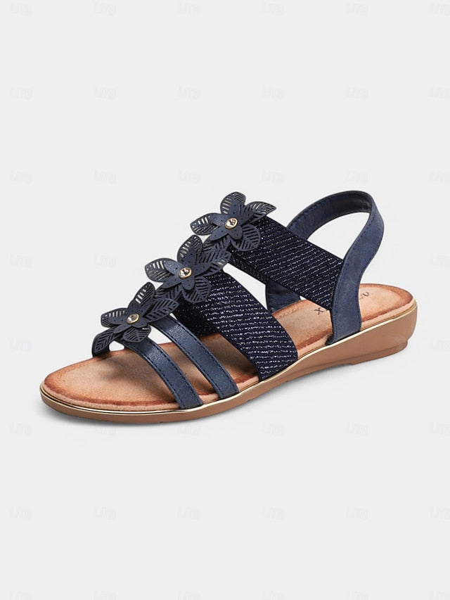 – Floral Sandals Elegant Flat Women's Beige Rhinestone