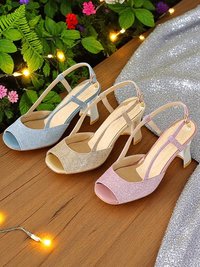 Sparkly Open-Toe Women's Gold Glitter Heels - Slingback