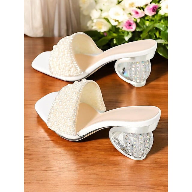 Pearl-Embellished Open-Toe Mules for Wedding – Women Bridal