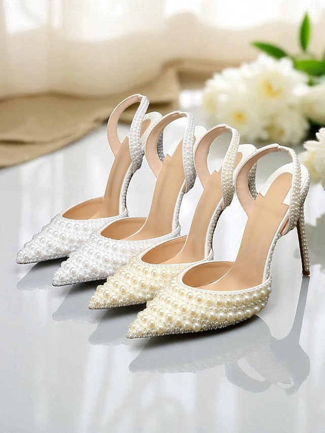 Women's Leather - Heels Pearl-Embellished Slingback White