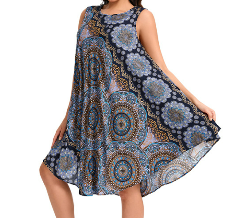 Crew Neck Boho Geometric Dress QT36
