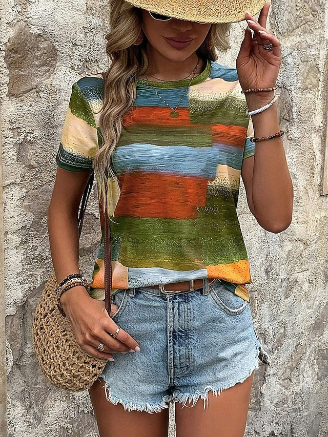 Women's T Shirt Print Geometric Casual Short Sleeve Round